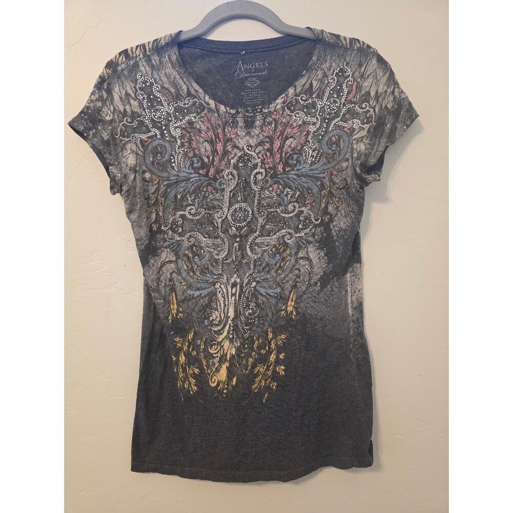 Y2K Angels & Diamonds Rhinestone Cross Graphic Tee L
